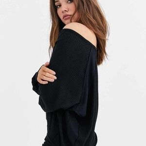 Free People Santa Clara Thermal Textured Knit Top Size Medium Black